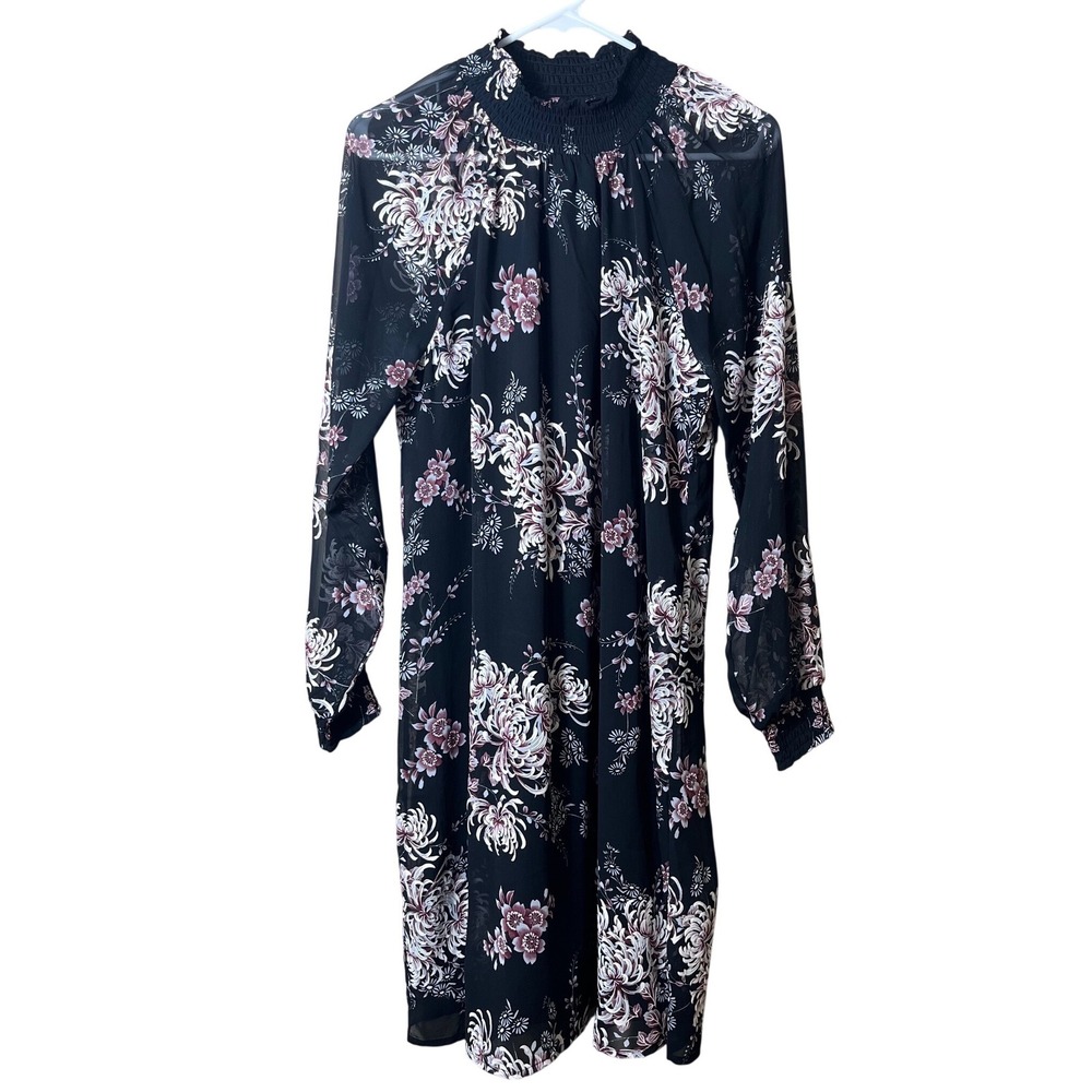 Nina Leonard Floral Mock Neck Shift Dress Black Pink Boho Cottagecore Size‎ M